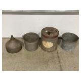 LOT OF GALVANIZED FUNNEL AND GAS CAN