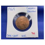 1964 GREAT BRITAIN ONE CENT PIECE UNC