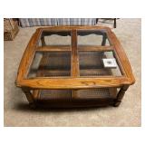 GLASS TOP WOODEN COFFEE TABLE - 38" X 38" X 16"