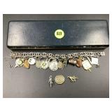 CHARM BRACELET W/15 CHARMS - MANY STERLING CHARMS