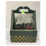 4 VINTAGE GLASS MILK BOTTLES WITH WOOD CARRIER -