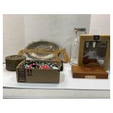 POKER CHIPS, FLASK SET, GLASS JUG, STATUE OF