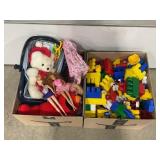 LARGE BOX LOT OF MEGA BLOKS, BARBIE DOLLS AND MORE