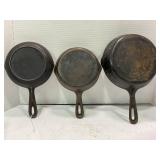 LOT OF 3 UNMARKED CAST IRON SKILLETS - 8" & 6"
