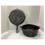 UNMARKED CAST IRON DUTCH OVEN AND CAST IRON