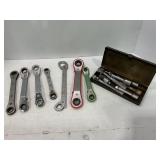LOT OF ASSORTED RATCHET WRENCHES AND METAL CASE