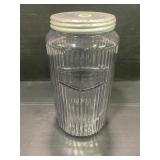 SELLERS GLASS COFFEE RIBBED JAR WITH ORIGINAL LID-