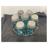 LOT OF 9 BLUE BALL JARS WITH ZINC LIDS & CARRIER