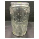 SELLERS GLASS COFFEE RIBBED JAR WITH ORIGINAL LID-