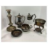 SILVER PLATE CANDLE STICK HOLDER, TEA POT, SUGAR