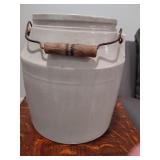 PRIMITIVE STONEWARE CROCK W/ WOOD HANDLE -