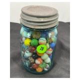 BALL 1 PINT BLUE BALL JAR FULL OF VINTAGE MARBLES
