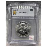 1962-D FRANKLIN HALF DOLLAR ICG-MS62