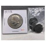 1973 KENNEDY HALF DOLLAR & 5 STEEL WHEAT CENTS