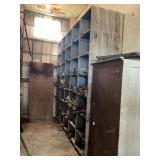 35 BIN WOOD STORAGE CABINET W/ELECTRICAL SUPPLIES,