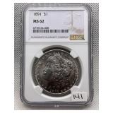 1891 MORGAN SILVER DOLLAR NGC MS62