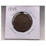 1845 LARGE CENT WITH BRAIDED HAIR