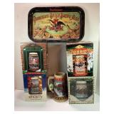 LOT OF 5 BUDWEISER BEER STEINS AND METAL TRAY