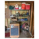 METAL GARAGE RACKING WITH CONTENTS - COOLERS,