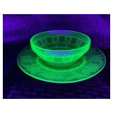 URANIUM GLASS BOWL & PLATE - GLOWS!