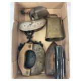 FLAT WITH SAD IRON, WILTON TRIVET, BRASS COW BELL,