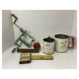 LOT OF 2 FLOUR SIFTERS, APPLE PEELER & MORE