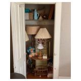 CONTENTS OF CLOSET IN BEDROOM - LAMPS, STAMPS,