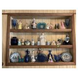 CONTENTS OF SHELF IN LIVING ROOM - AVON, PLATES,
