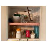CONTENTS OF CABINETS IN KITCHEN, GLASSES, MIXER,