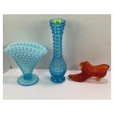 FENTON FAN VASE AND GLASS SHOE AND BLUE GLASS