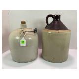 TWO PRIMITIVE STONEWARE CROCK 1 GALLON WHISKEY