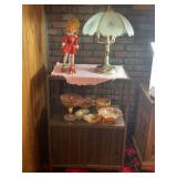 CABINET WITH CONTENTS - CARNIVAL GLASS, TOUCH LAMP