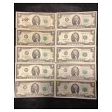 LOT OF 10 TWO DOLLAR FEDERAL RESERVE NOTES