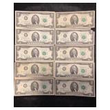 LOT OF 10 TWO DOLLAR FEDERAL RESERVE NOTES