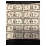 LOT OF 10 TWO DOLLAR FEDERAL RESERVE NOTES