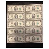 LOT OF 10 TWO DOLLAR FEDERAL RESERVE NOTES