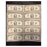 LOT OF 10 TWO DOLLAR FEDERAL RESERVE NOTES