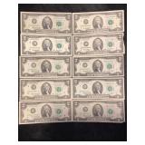 LOT OF 10 TWO DOLLAR FEDERAL RESERVE NOTES