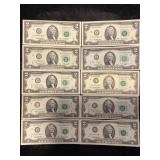 LOT OF 10 TWO DOLLAR FEDERAL RESERVE NOTES