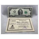 2017 A TWO DOLLAR CRISP UNCIRCULATED NOTE AND 1923