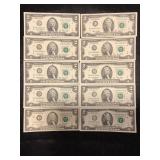 LOT OF 10 TWO DOLLAR FEDERAL RESERVE NOTES