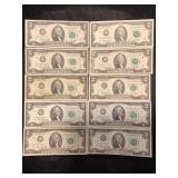 LOT OF 10 TWO DOLLAR FEDERAL RESERVE NOTES