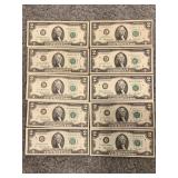 LOT OF 10 TWO DOLLAR FEDERAL RESERVE NOTES