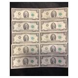 LOT OF 10 TWO DOLLAR FEDERAL RESERVE NOTES