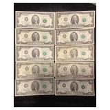 LOT OF 10 TWO DOLLAR FEDERAL RESERVE NOTES
