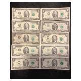 LOT OF 10 TWO DOLLAR FEDERAL RESERVE NOTES