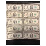 LOT OF 10 TWO DOLLAR FEDERAL RESERVE NOTES