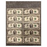 LOT OF 10 TWO DOLLAR FEDERAL RESERVE NOTES