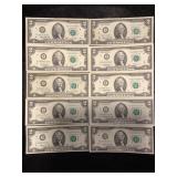 LOT OF 10 TWO DOLLAR FEDERAL RESERVE NOTES