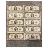 LOT OF 10 TWO DOLLAR FEDERAL RESERVE NOTES